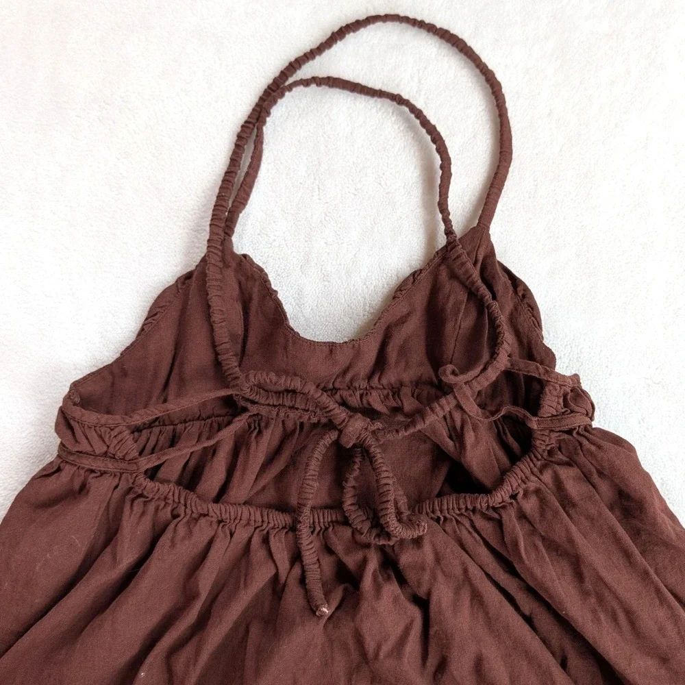 Free People Babydoll Brown Cotton Linen Strappy Back Mini Dress Pockets XS